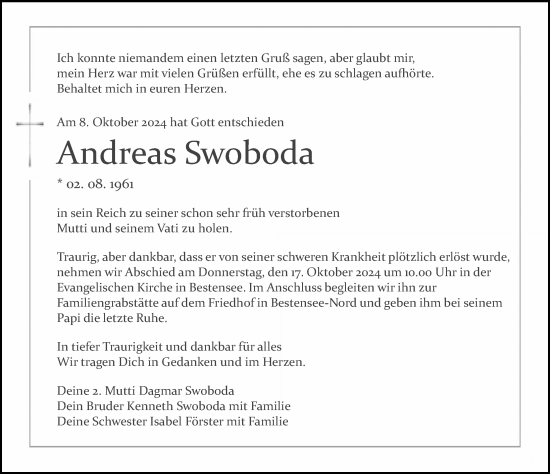 Traueranzeige von Andreas Swoboda von Märkischen Allgemeine Zeitung