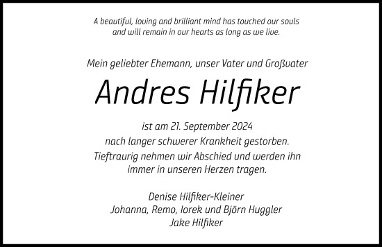 Traueranzeige von Andres Hilfiker von Hannoversche Allgemeine Zeitung/Neue Presse