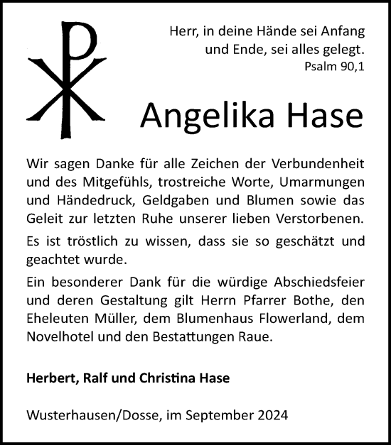 Traueranzeige von Angelika Hase von Wochenspiegel