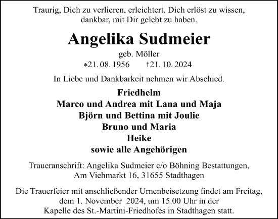 Traueranzeige von Angelika Sudmeier von Schaumburger Nachrichten