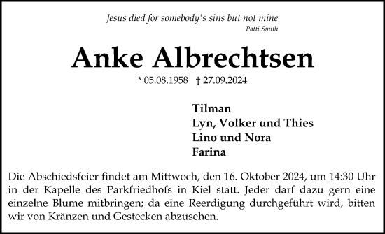 Traueranzeige von Anke Albrechtsen von Kieler Nachrichten