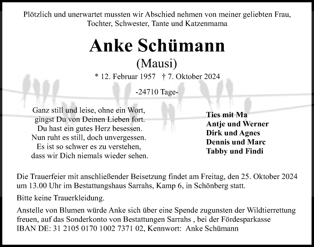  Traueranzeige für Anke Schümann vom 19.10.2024 aus Kieler Nachrichten