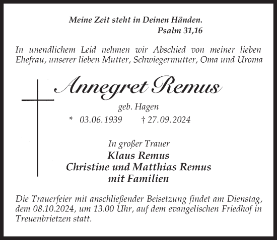 Traueranzeige von Annegret Remus von Märkischen Allgemeine Zeitung