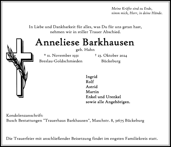 Traueranzeige von Anneliese Barkhausen von Schaumburger Nachrichten