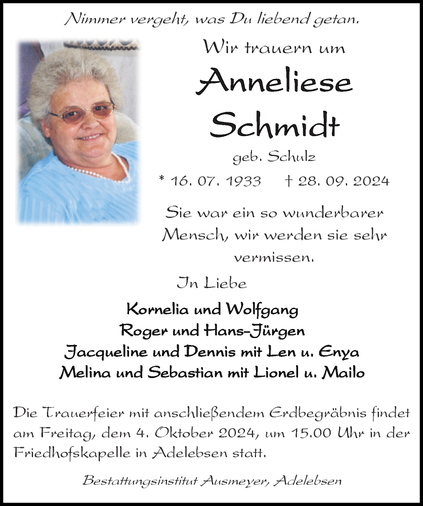  Traueranzeige für Anneliese Schmidt vom 02.10.2024 aus Göttinger Tageblatt