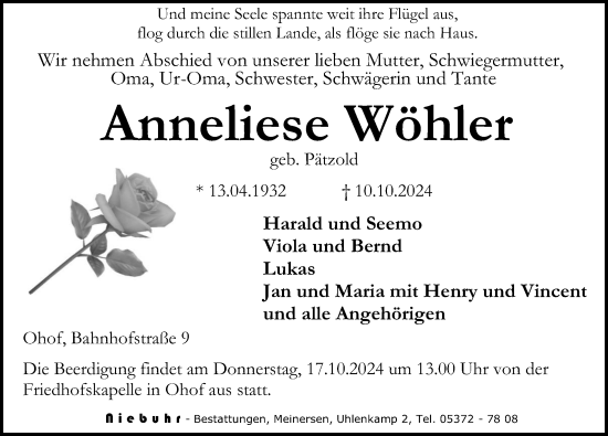 Traueranzeige von Anneliese Wöhler von Aller Zeitung