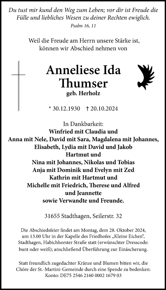 Traueranzeige von Anneliese Ida Thumser von Schaumburger Nachrichten