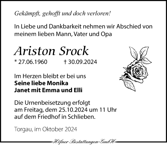 Traueranzeige von Ariston Srock von Torgauer Zeitung