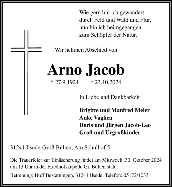 Traueranzeige von Arno Jacob von Peiner Allgemeine Zeitung