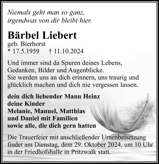 Traueranzeige von Bärbel Liebert von Wochenspiegel