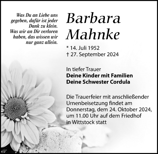 Traueranzeige von Barbaa Mahnke von Wochenspiegel