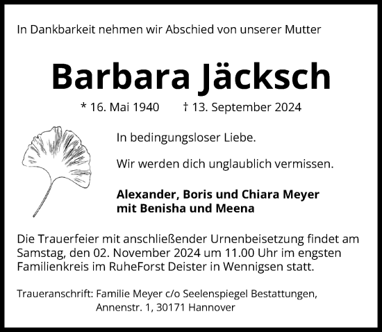 Traueranzeige von Barbara Jäcksch von Hannoversche Allgemeine Zeitung/Neue Presse