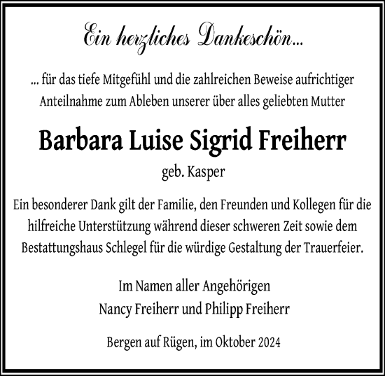 Traueranzeige von Barbara Luise Sigrid Freiherr von Ostsee-Zeitung GmbH