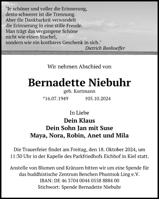 Traueranzeige von Bernadette Niebuhr von Kieler Nachrichten