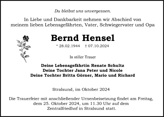 Traueranzeige von Bernd Hensel von Ostsee-Zeitung GmbH