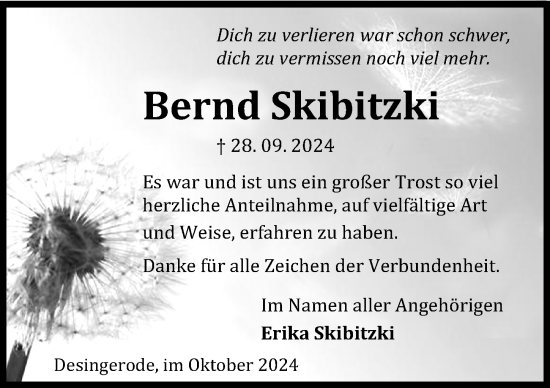 Traueranzeige von Bernd Skibitzki von Eichsfelder Tageblatt