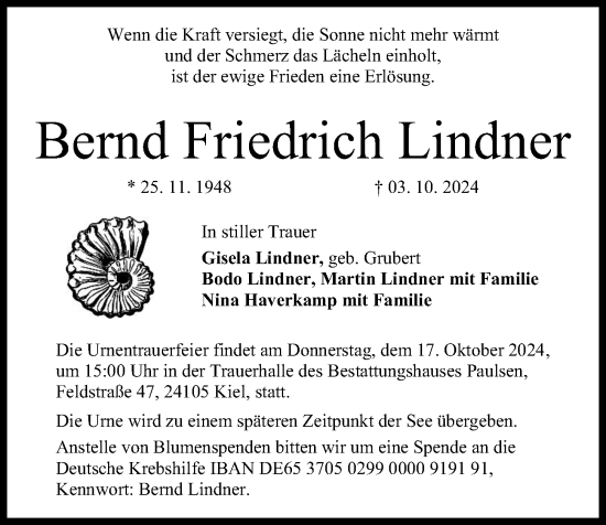 Traueranzeige von Bernd Friedrich Lindner von Kieler Nachrichten