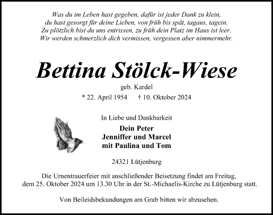 Traueranzeige von Bettina Stölck-Wiese von Kieler Nachrichten