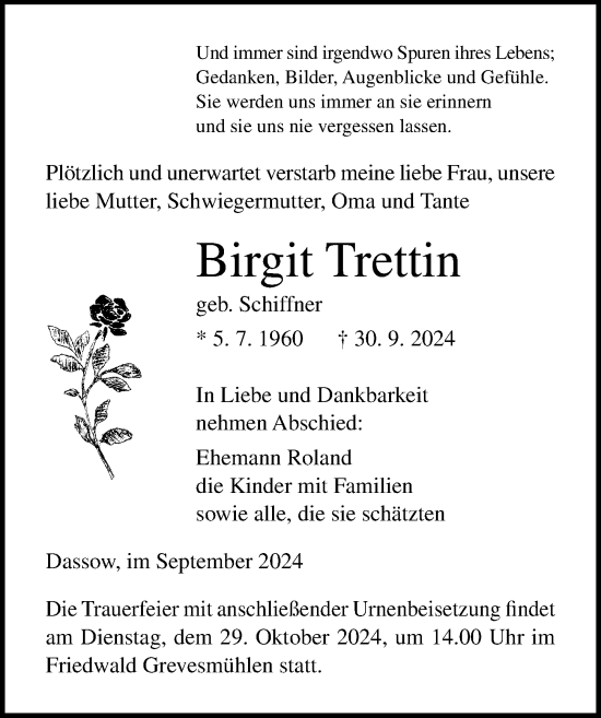 Traueranzeige von Birgit Trettin von Ostsee-Zeitung GmbH