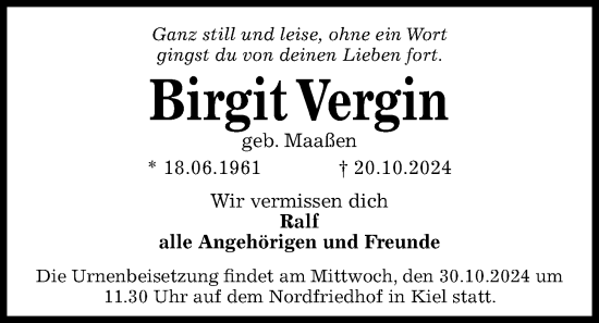 Traueranzeige von Birgit Vergin von Kieler Nachrichten