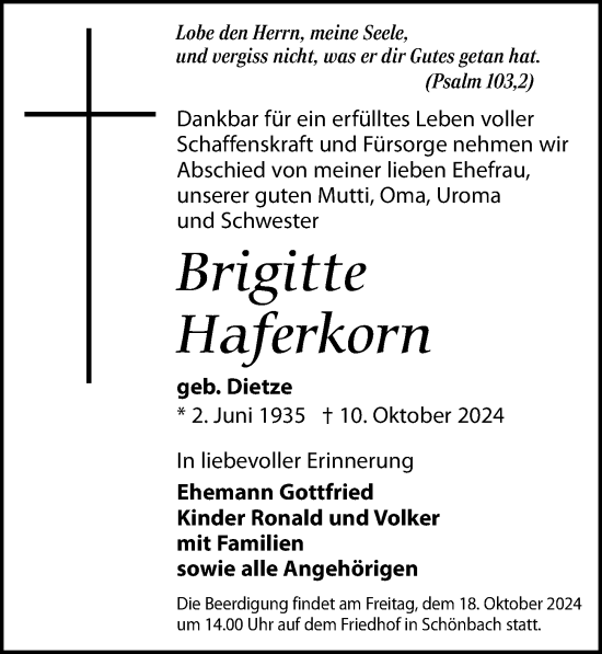 Traueranzeige von Brigitte Haferkorn von Leipziger Volkszeitung