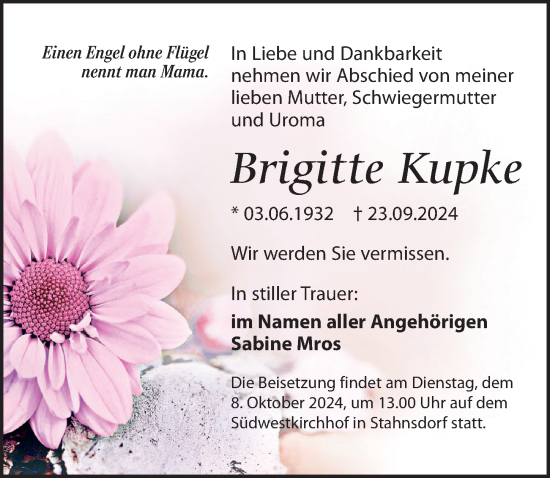 Traueranzeige von Brigitte Kupke von Märkischen Allgemeine Zeitung