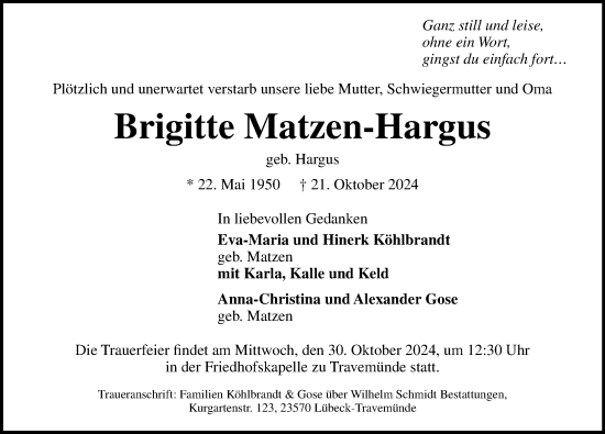 Traueranzeige von Brigitte Matzen-Hargus von Lübecker Nachrichten