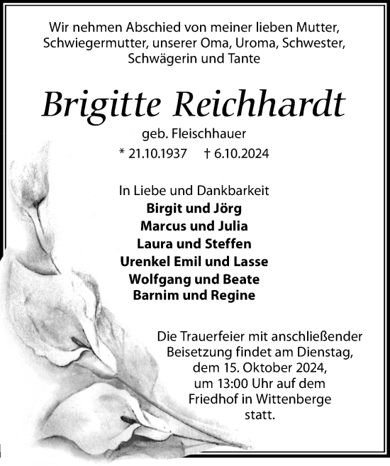 Traueranzeige von Brigitte Reichhardt von Wochenspiegel