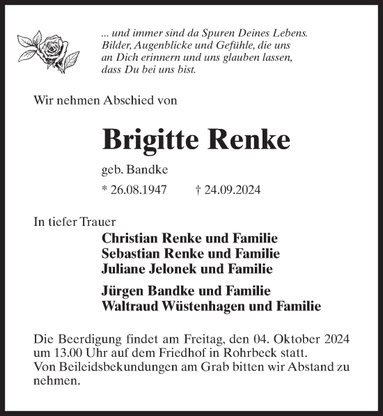 Traueranzeige von Brigitte Renke von Märkischen Allgemeine Zeitung