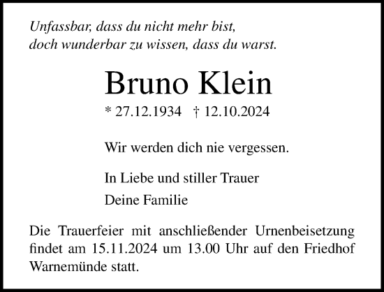 Traueranzeige von Bruno Klein von Ostsee-Zeitung GmbH