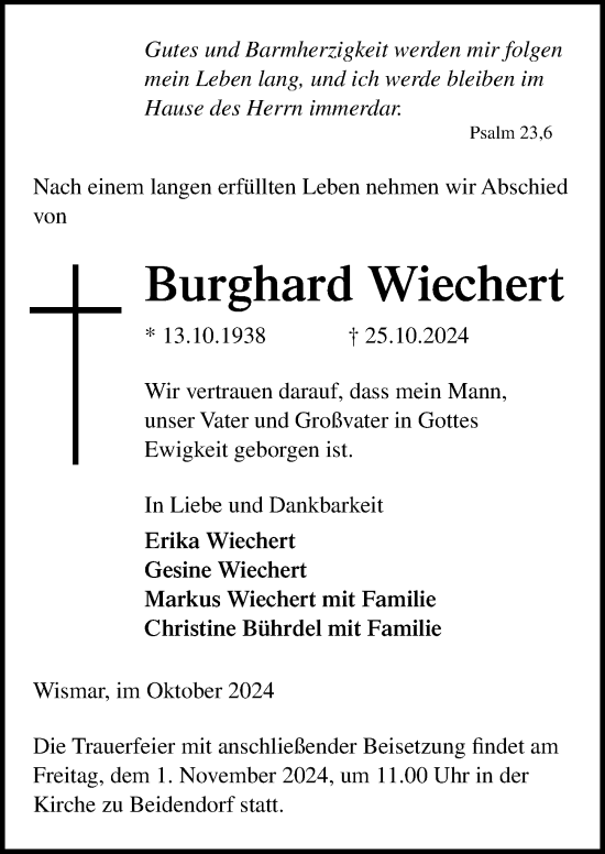 Traueranzeige von Burghard Wiechert von Ostsee-Zeitung GmbH