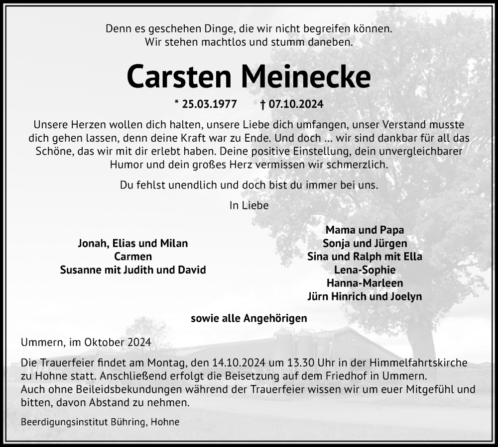  Traueranzeige für Carsten Meinecke vom 11.10.2024 aus Aller Zeitung