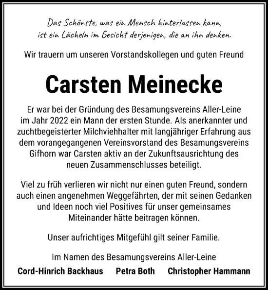 Traueranzeige von Carsten Meinecke von Aller Zeitung