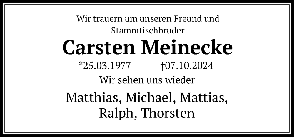  Traueranzeige für Carsten Meinecke vom 11.10.2024 aus Aller Zeitung