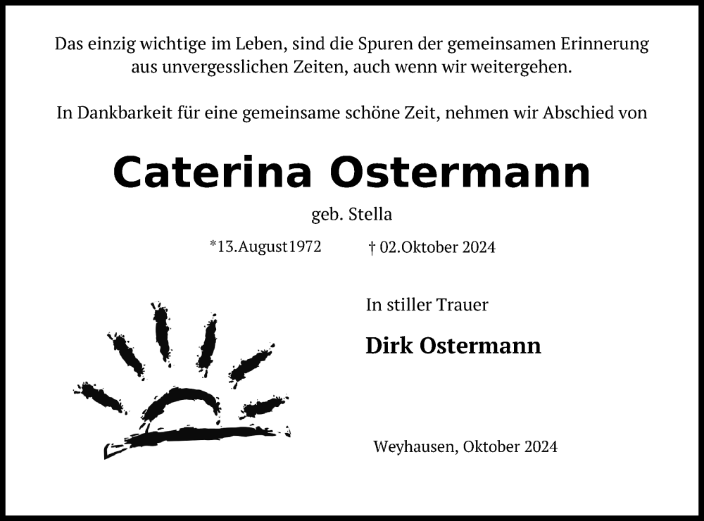  Traueranzeige für Caterina Ostermann vom 16.10.2024 aus Aller Zeitung