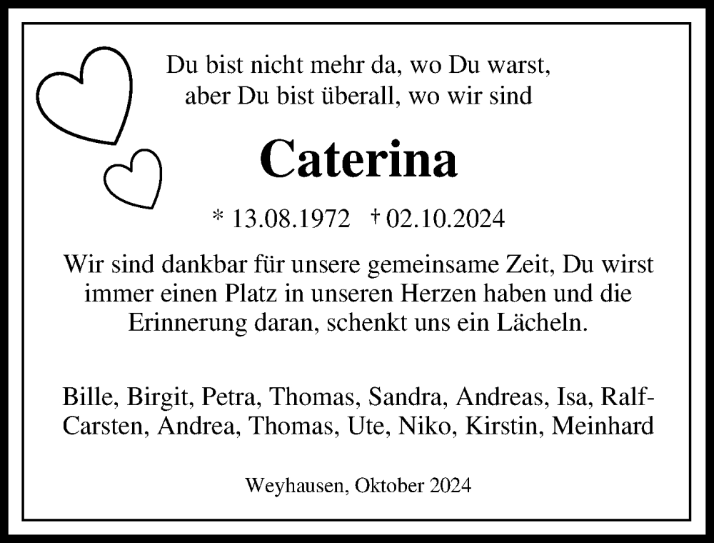  Traueranzeige für Caterina Ostermann vom 12.10.2024 aus Aller Zeitung