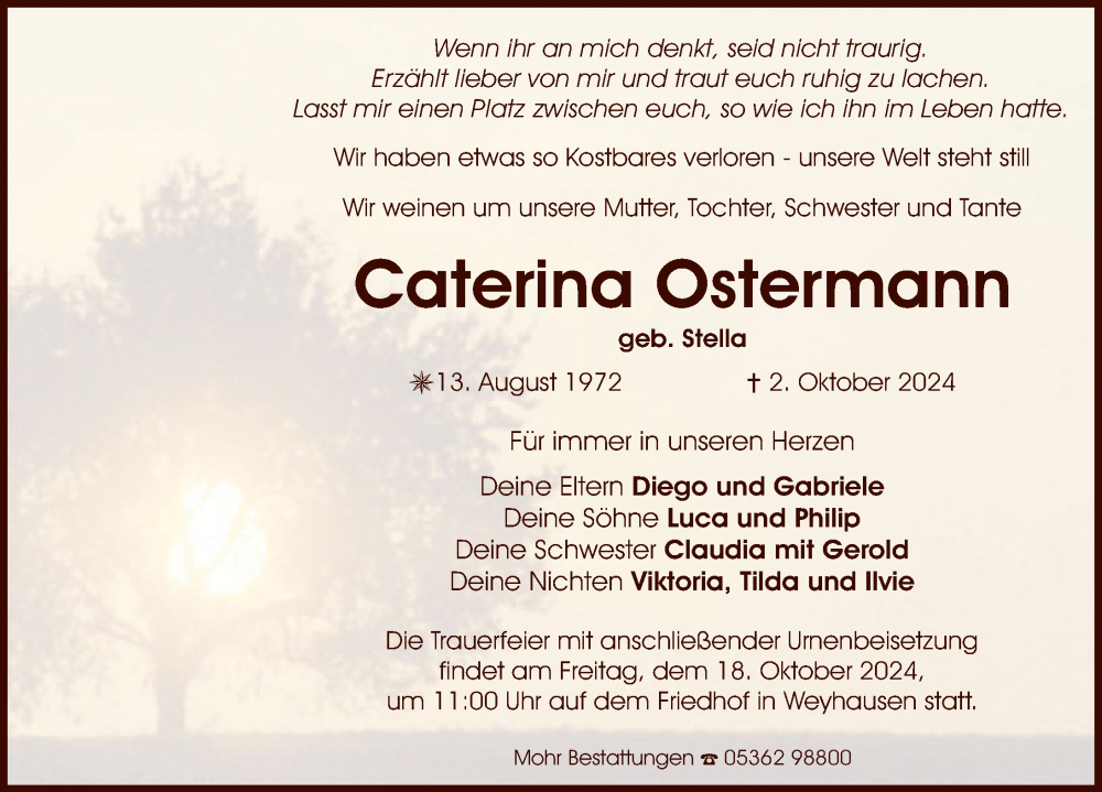  Traueranzeige für Caterina Ostermann vom 12.10.2024 aus Aller Zeitung