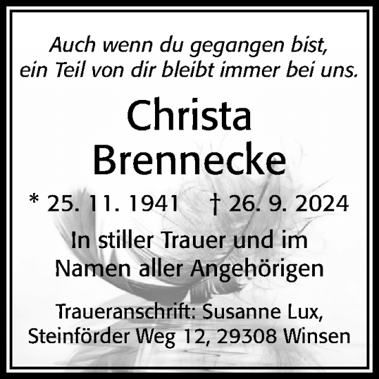 Traueranzeige von Christa Brennecke von Hannoversche Allgemeine Zeitung/Neue Presse