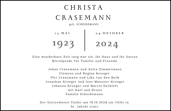 Traueranzeige von Christa Crasemann von Lübecker Nachrichten