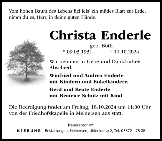 Traueranzeige von Christa Enderle von Aller Zeitung