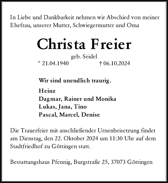 Traueranzeige von Christa Freier von Göttinger Tageblatt