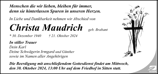 Traueranzeige von Christa Maudrich von Leipziger Volkszeitung