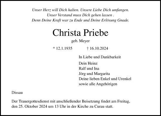 Traueranzeige von Christa Priebe von Lübecker Nachrichten