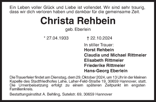 Traueranzeige von Christa Rehbein von Hannoversche Allgemeine Zeitung/Neue Presse