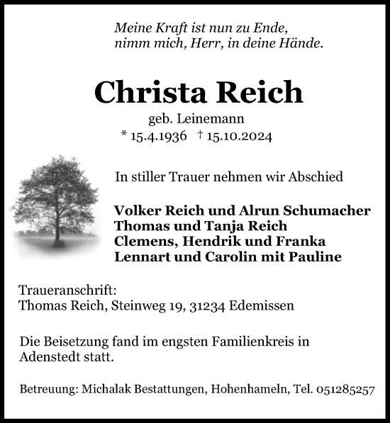 Traueranzeige von Christa Reich von Peiner Allgemeine Zeitung