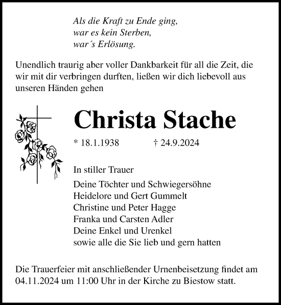 Traueranzeige von Christa Stache von Ostsee-Zeitung GmbH