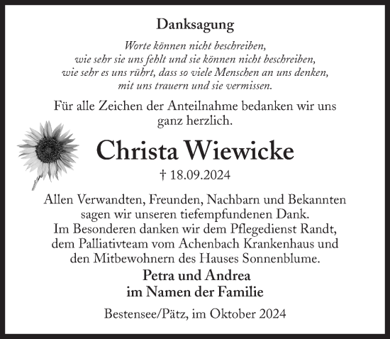 Traueranzeige von Christa Wiewicke von Märkischen Allgemeine Zeitung