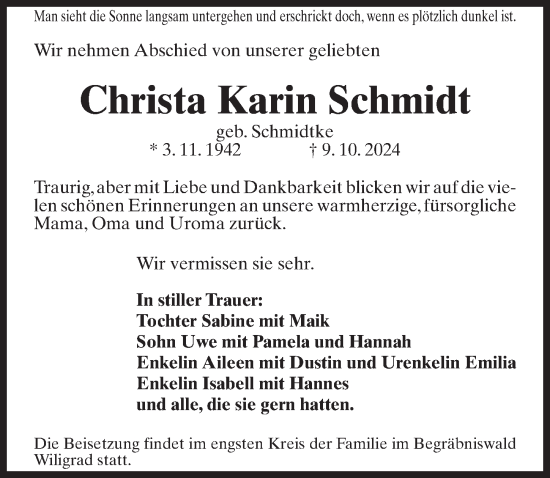 Traueranzeige von Christa Karin Schmidt von Ostsee-Zeitung GmbH