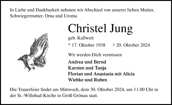 Traueranzeige von Christel Jung von Lübecker Nachrichten