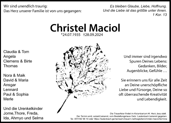 Traueranzeige von Christel Maciol von Hannoversche Allgemeine Zeitung/Neue Presse